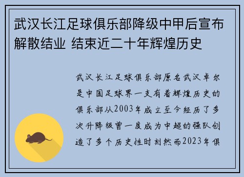 武汉长江足球俱乐部降级中甲后宣布解散结业 结束近二十年辉煌历史 武汉长江足球俱乐部降级中甲后宣布解散结业 结束近二十年辉煌历史